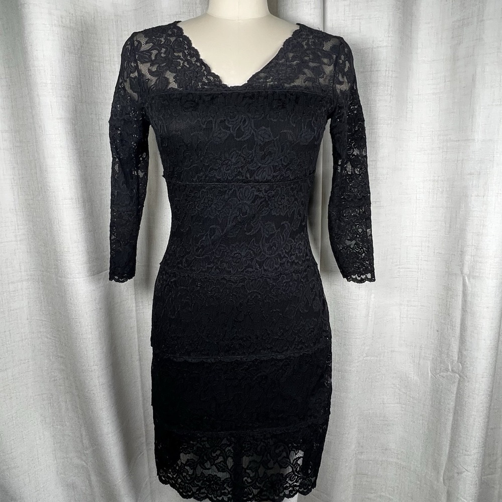 Vintage 90's Hanky Panky Dress Medium Black Lace‎ Sheath V-Neck 3/4 Sleeve USA